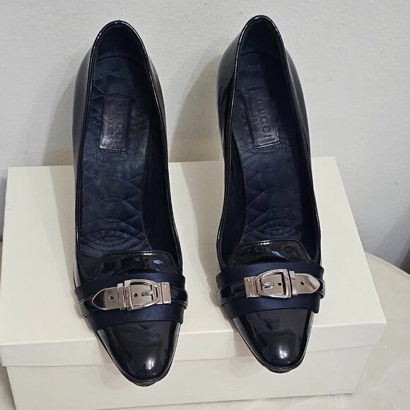 Pre-Owned GUCCI Womens Black Polished Leather Pump Heels Size 7B - Picture 3 of 11